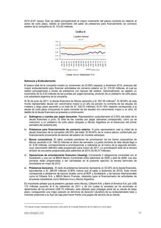 www.ratingspcr.com 12
2010 (0.81 veces). Esto se debió principalmente al mayor incremento del pasivo corriente en relación al
activo de corto plazo, debido al crecimiento del saldo de préstamos para financiamiento de comercio
exterior de la compañía en S/. 310.50 millones.
Gráfico 8
0.00
0.40
0.80
1.20
1.60
2.00
dic-06
mar-07
jun-07
sep-07
dic-07
mar-08
jun-08
sep-08
dic-08
mar-09
jun-09
sep-09
dic-09
mar-10
jun-10
sep-10
dic-10
mar-11
jun-11
Liquidez General
(Veces)
Liquidez General Prueba ácida
Fuente: Alicorp / Elaboración: PCR
Solvencia y Endeudamiento
El pasivo total de la compañía mostró un incremento de 22.99% respecto a diciembre 2010, producto del
mayor endeudamiento para financiar actividades de comercio exterior en S/. 310.50 millones, el cual se
realizó principalmente a través de préstamos con bancos del exterior. Adicionalmente, se registró un
incremento de S/.4.53 millones de las cuentas por pagar bancarias, producto de un préstamo de corto plazo
a la subsidiaria argentina de la compañía.
Al 30 de junio de 2011, la deuda financiera de Alicorp ascendía a S/. 851.49 millones8
. El 38.84% de este
monto representaba deuda con vencimiento mayor a un año (la porción no corriente de las deudas de
mediano y largo plazo ascendió a un total de S/. 330.72 millones). El 61.16% restante correspondió a la
deuda de corto plazo (incluyendo la parte corriente de las deudas con vencimiento mayor a un año). El
detalle de la deuda financiera se presenta a continuación:
a) Sobregiros y cuentas por pagar bancarias. Representaron conjuntamente el 2.03% del saldo de la
deuda financiera a junio. El total de las cuentas por pagar bancarias correspondió, como ya se
mencionó, a un préstamo de corto plazo otorgado a Alicorp Argentina en el transcurso del primer
semestre del presente año.
b) Préstamos para financiamiento de comercio exterior. A junio representaron casi la mitad de la
deuda financiera de la compañía (46.33% del total). El 84.40% de la misma estuvo conformado por
financiamiento proveniente de bancos del exterior en moneda extranjera.
c) Bonos corporativos. El saldo contable pendiente de amortización de los bonos corporativos de
Alicorp ascendió a S/. 146.33 millones al cierre del semestre. La parte corriente de esta deuda llegó a
S/. 8.49 millones, correspondiente a amortizaciones a realizarse en el marco de la segunda emisión,
cuyo vencimiento definitivo está programado para marzo de 2017. La amortización total de la tercera
emisión se encuentra programada para setiembre de 2014 (S/.95.37 millones).
d) Operaciones de arrendamiento financiero (leasing). Comprende 2 obligaciones contraídas con el
Scotiabank y una con el BBVA Banco Continental entre setiembre de 2008 y abril de 2009. Las dos
primeras están programadas a ser canceladas en el presente ejercicio; la tercera terminará de
amortizarse en mayo de 2012.
e) Préstamos bancarios. El resto de préstamos bancarios representa un 33.53% de la deuda financiera,
equivalentes a S/. 285.48 millones (5.80% menos que el saldo a diciembre de 2010). Este monto
corresponde a préstamos de bancos locales como el BCP y Scotiabank, y de bancos internacionales
como el Citibank N.A. y BBVA Banco Francés, obtenidos para el financiamiento de actividades de
empresas subsidiarias como Molinera Inca y Alicorp Argentina.
Es importante señalar que el préstamo pactado entre Alicorp, Citibank N.A. y Bank of America N.A. por US$
110 millones (suscrito el 8 de setiembre de 2011 y de los cuales la empresa ya ha anunciado el
desembolso de los primeros US$ 70 millones), será utilizado para prepagar parte de su deuda de largo
plazo, consiguiendo una mejor posición en términos de duración (duration) de su endeudamiento total, y
menores presiones a su flujo de caja para hacer frente a los pagos del servicio de su deuda.
8 El cálculo incluye sobregiros bancarios como parte de la deuda financiera de la empresa a corto plazo.
 