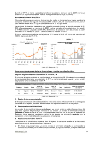 www.ratingspcr.com 14
Durante el IIT-11, el monto negociado promedio de las acciones comunes fue S/. 2,871 mil, lo que
evidenció una expansión de 45.66% frente al monto promedio del IT-11 (S/. 1,971 mil).
Acciones de Inversión (ALICORI1)
Alicorp también cuenta con acciones de inversión, las cuales no forman parte del capital social de la
compañía. Al término del segundo trimestre de 2011, existían 7,388,470 acciones de inversión, con un
valor nominal unitario de S/.1.00 y un valor de mercado de S/. 4.00 por acción.
Las acciones de inversión presentaron una cotización promedio durante el segundo trimestre de S/.
3.88, cifra que equivale a un incremento de 2.09% frente al promedio del trimestre anterior (en relación
al IIT-10 la variación fue positiva en 59.75%). En términos de precios de cierre del período, la acción
retrocedió 3.61% frente al 31.03.2011 y avanzó un 66.67% frente al IIT-2010.
El monto negociado promedio de abril a junio de 2011 fue de S/.34.86 mil, monto que fue mayor en
43.31% al promedio del IIT-2010.
Gráfico 12 Gráfico 13
0
20,000
40,000
60,000
80,000
100,000
0.00
1.00
2.00
3.00
4.00
5.00
6.00
7.00
ene-07
abr-07
jun-07
sep-07
dic-07
mar-08
jun-08
sep-08
dic-08
mar-09
jun-09
sep-09
dic-09
mar-10
jun-10
sep-10
dic-10
mar-11
jun-11
Monto Negociado
(En Miles de S/.)Cotización (S/.)
Evolución de Acciones Comunes
Alicorp S.A.A
Monto Negociado Cotización
0
50
100
150
200
0.00
1.00
2.00
3.00
4.00
5.00
ene-07
abr-07
jun-07
sep-07
dic-07
mar-08
jun-08
sep-08
dic-08
mar-09
jun-09
sep-09
dic-09
mar-10
jun-10
sep-10
dic-10
mar-11
jun-11
Monto Negociado
(En Miles de S/.)Cotización (S/.)
Evolución de las Acciones de Inversión
Alicorp S.A.A
Monto Negociado Cotización
Fuente: SMV / Elaboración: PCR
Instrumentos representativos de deuda en circulación clasificados
Segundo Programa de Bonos Corporativos de Alicorp S.A.A.
El monto del programa contempla un importe máximo en circulación de US$ 100 millones o su equivalente
en nuevos soles. Al cierre del primer semestre de 2011, se mantienen activas la segunda y tercera emisión
del programa, como se detalla en el cuadro 7:
Cuadro 7: Emisiones de Bonos Corporativos Vigentes al 30.06.2011
Programa Emisión Serie
Fecha de
Colocación
Cupón
Pago de
Interés
Plazo Redención
Saldo en Circulación
al 30.06.2011
2do Segunda Única 15/03/2007 6.16% Semestral 10 años 16/03/2017 S/. 50,960,127
2do Tercera A 23/09/2009 6.69% Semestral 5 años 24/09/2014 S/. 95,370,000
Fuente: SMV / Elaboración: PCR
1. Destino de los recursos captados
El dinero proveniente de la colocación de los bonos tiene como destino el financiamiento de la estrategia de
crecimiento de la empresa, buscando al mismo tiempo una mejora en la estructura de sus pasivos.
2. Eventos de terminación anticipada
Los eventos de terminación anticipada particulares a una o más emisiones están referidos al cese del
pago -total o parcial- del principal y/o intereses de una emisión. Los eventos de terminación anticipada
generales se refieren a que se dé inicio a un procedimiento concursal o a un proceso de disolución y/o
liquidación. Otros aspectos mencionados dentro de los eventos de terminación generales son la
expropiación o intervención total de bienes y derechos de la empresa.
3. Restricciones aplicables al emisor
La empresa se ha comprometido durante el plazo de vigencia de los valores emitidos en el marco de su
segundo programa de bonos corporativos a lo siguiente:
a. En el caso en que se produzca uno o más eventos de terminación anticipada, no podrá acordar la
aplicación de utilidades para la distribución de dividendos, el pago de dividendos, cualquier distribución
 
