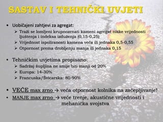 • Uobičajeni zahtjevi za agregat:
 Traži se lomljeni krupnozrnati kameni agregat niske vrijednosti
ljuštenja i indeksa izduženja (0,15-0,25)
 Vrijednost ispoliranosti kamena veća ili jednaka 0,5-0,55
 Otpornost prema drobljenju manja ili jednaka 0,15
• Tehničkim uvjetima propisano:
 Sadržaj šupljina ne smije biti manji od 20%
 Europa: 14-30%
 Francuska/Švicarska: 80-90%
• VEĆE max zrno → veća otpornost kolnika na začepljivanje!
• MANJE max zrno → veće trenje, akustične vrijednosti i
mehanička svojstva
SASTAV I TEHNIČKI UVJETI
 