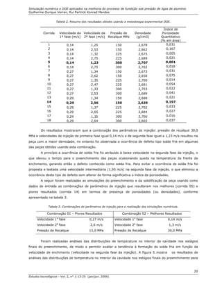 Simulação numérica e DOE aplicados na melhoria do processo de fundição sob pressão de ligas de alumínio
Guilherme Ourique Verran, Rui Partrick Konrad Mendes
Estudos tecnológicos - Vol. 2, n° 1:13-25 (jan/jun. 2006)
20
Tabela 2. Resumo dos resultados obtidos usando a metodologia experimental DOE.
Corrida Velocidade da
1º fase (m/s)
Velocidade da
2º fase (m/s)
Pressão de
Recalque MPa
Densidade
(g/cm3)
Índice de
Porosidade
Quantitativo
(% em área)
1 0,14 1,25 150 2,678 0,031
2 0,14 2,53 150 2,662 0,167
3 0,14 1,32 225 2,675 0,005
4 0,14 2,75 225 2,689 0,021
5 0,14 1,23 300 2,707 0,001
6 0,14 2,75 300 2,702 0,018
7 0,27 1,34 150 2,673 0,031
8 0,27 2,62 150 2,658 0,075
9 0,27 1,35 225 2,700 0,014
10 0,27 2,47 225 2,691 0,054
11 0,27 1,33 300 2,703 0,022
12 0,27 2,53 300 2,689 0,041
13 0,29 1,34 150 2,688 0,021
14 0,29 2,56 150 2,639 0,197
15 0,29 1,37 225 2,702 0,033
16 0,29 2,65 225 2,684 0,027
17 0,29 1,35 300 2,700 0,016
18 0,29 2,64 300 2,665 0,037
Os resultados mostraram que a combinação dos parâmetros de injeção: pressão de recalque 30,0
MPa e velocidades de injeção da primeira fase igual 0,14 m/s e da segunda fase igual a 1,23 m/s resultou na
peça com a maior densidade, no entanto foi observada a ocorrência de defeito tipo solda fria em algumas
das peças obtidas usando esta combinação.
A princípio a ocorrência de solda fria foi atribuído à baixa velocidade na segunda fase da injeção, o
que elevou o tempo para o preenchimento das peças ocasionando queda na temperatura da frente de
enchimento, gerando então o defeito conhecido como solda fria. Para evitar a ocorrência de solda fria foi
proposta e testada uma velocidade intermediária (1,95 m/s) na segunda fase da injeção, o que eliminou a
ocorrência deste tipo de defeito sem alterar de forma significativa o índice de porosidades.
A seguir foram realizadas as simulações do preenchimento e da solidificação da peça usando como
dados de entrada as combinações de parâmetros de injeção que resultaram nos melhores (corrida 05) e
piores resultados (corrida 14) em termos de presença de porosidades (ou densidades), conforme
apresentado na tabela 3.
Tabela 3. Combinações de parâmetros de injeção para a realização das simulações numéricas.
Combinação 01 – Piores Resultados Combinação 02 – Melhores Resultados
Velocidade 1a
fase 0,27 m/s Velocidade 1a
fase 0,14 m/s
Velocidade 2a
fase 2,6 m/s Velocidade 2a
fase 1,3 m/s
Pressão de Recalque 15,0 MPa Pressão de Recalque 30,0 MPa
Foram realizadas análises das distribuições de temperatura no interior da cavidade nos estágios
finais do preenchimento, de modo a permitir avaliar a tendência à formação de solda fria em função da
velocidade de enchimento (velocidade na segunda fase da injeção). A figura 5 mostra os resultados de
análises das distribuições de temperatura no interior da cavidade nos estágios finais do preenchimento para
 