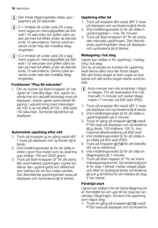 Den totala tillagningstiden delas upp i
segment på 29 sekunder.
C-1 innebär att under varje 29 s-seg-
ment avges en mikrovågseffekt på 440
watt i 16 sekunder och grillen sätts se-
dan på med full effekt under de återstå-
ende 13 sekunderna. Denna cykel an-
vänds under hela den inställda tillag-
ningstiden.
C-2 innebär att under varje 29 s-seg-
ment avges en mikrovågseffekt på 288
watt i 10 sekunder och grillen sätts se-
dan på med full effekt under de återstå-
ende 19 sekunderna. Denna cykel an-
vänds under hela den inställda tillag-
ningstiden.
Funktionen "Plus 60 sekunder"
1. Om du trycker på Start-knappen när
ugnen är i standby-läge, dvs. ugnen an-
vänds inte och aktuellt klockslag visas på
displayen, startar ugnen automatiskt till-
agning / uppvärmning med mikrovågor
vid 100 % av full effekt (P100 = 800 watt)
i 60 sekunder. Symbolen blinkar på
displayen.
Automatisk upptining efter vikt
1. Tryck på knappen en gång varpå dEF
1 visas på displayen och symbolen
tänds.
2. Vrid inställningsvredet för att ställa in
vikten i gram hos maten som du skall tina
upp (mellan 100 och 2000 gram).
3. Tryck på Start-knappen för att starta
den automatiska upptiningen. Ugnen be-
räknar den upptiningstid och effektnivå
som behövs för att tina maten perfekt.
Den återstående upptiningstiden visas på
displayen och symbolerna blinkar.
Upptining efter tid
1. Tryck på knappen varpå dEF 2 visas
på displayen och symbolerna tänds.
2. Vrid inställningsvredet för att ställa in
upptiningstiden – max. 95 minuter.
3. Tryck på Start-knappen för att starta
den manuella upptiningen. Den återstå-
ende upptiningstiden visas på displayen
och symbolerna blinkar.
Matlagning i två steg
Ugnen kan ställas in för upptining / matlag-
ning i två steg.
Om du använder en funktion för upptining
skall denna alltid vara det första steget.
När det första steget är klart avges en ljud-
signal och det andra steget startar automa-
tiskt.
Auto-menyer kan inte användas i något
av stegen. För att exempelvis tina mat
manuellt i 5 minuter och sedan tillaga
maten i 7 minuter vid 640 watt (P80):
1. Tryck på knappen varpå dEF 2 visas
på displayen och symbolerna tänds.
2. Vrid inställningsvredet för att ställa in
upptiningstiden på 5 minuter.
3. Tryck en gång på knappen varpå
P100 visas på displayen och symbolerna
tänds. 100 indikerar 100 %, dvs.
maximal effektinställning på 800 watt.
4. Vrid inställningsvredet för att ställa in
en effekt på 640 watt (P80).
5. Tryck på knappen för att bekräfta
ditt val av effektnivå.
6. Vrid inställningsvredet för att välja en
tillagningstid på 7 minuter.
7. Tryck på Start-nappen för att starta
tvåstegsprogrammet. Symbolerna och
för steg 1 blinkar medan steget pågår
och efter en ljudsignal börjar symbolerna
och att blinka för att indikera att steg
2 har startat.
Fördröjd start
Ugnen kan ställas in för att starta tillagning vid
en förinställd tid och upp till två steg kan an-
vändas i tillagningen. Använd inte upptining
som något steg.
1. Tryck en gång på knappen varpå
P100 visas på displayen och symbolerna
18 electrolux
 