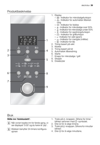 Produktbeskrivelse
1
2
3
4
5
6
7
8
9
1. Display
– - Indikator for mikrobølgefunksjon
– - Indikator for automatisk tilbered-
ning
– - Indikator for klokke
– - Indikator for mikrobølge over 50%
– - Indikator for mikrobølge under 50%
– - Indikator for opptiningsfunksjon
– - Indikator for grillfunksjon
– - Indikator for vekt (gram)
– - Indikator for mengde (mililiter)
– - Indikator for lås
2. Tining basert på vekt
3. Klokke
4. Tining basert på tid
5. Automatisk tilberedning
6. Starte
7. Knapp for mikrobølge / grill
8. Stoppe
9. Dreiebryter
Bruk
Stille inn 'klokkeslett':
Når ovnen koples inn for første gang, vi-
ser displayet '0:00' og du hører et 'pip'.
Klokken benytter 24-timers konfigura-
sjonen
1. Trykk på -knappen. Sifrene for timer
blinker sammen med -symbolet.
2. Drei for å velge timene.
3. Trykk på -knappen. Sifrene for minutter
blinker:
4. Drei for å velge minuttene.
electrolux 39
 