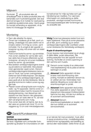 Miljøvern
Symbolet på produktet eller på
emballasjen viser at dette produktet ikke må
behandles som husholdningsavfall. Det skal
derimot bringes til et mottak for resirkulering
av elektrisk og elektronisk utstyr. Ved å sørge
for korrekt avhending av apparatet, vil du
bidra til å forebygge de negative
konsekvenser for miljø og helse som gal
håndtering kan medføre. For nærmere
informasjon om resirkulering av dette
produktet, vennligst kontakt kommunen,
renovasjonsselskapet eller forretningen der
du anskaffet det.
Montering
• Fjern alle etiketter fra døren.
• Ovnen bør installeres på et flatt, jevnt un-
derlag. Underlaget må være sterkt nok til
å bære vekten (12.6 Kg) av ovnen, samt
innholdet. For å unngå at det oppstår vi-
brasjoner og støy må ovnen stå i en stabil
posisjon.
• Hold ovnen borte fra varme- og vannkilder.
Hvis ovnen utsettes for varme eller vann,
kan dette føre til lavere effektivitet og feil-
funksjoner, så sørg for at ovnen installeres
borte fra varme- og vannkilder.
• Ikke blokker ventilasjonsåpningene øverst
og på sidene av kabinettet. Ikke plasser
noen gjenstander oppå ovnen. Dersom
ventilasjonsåpningene blokkeres mens ov-
nen er i bruk, kan ovnen overopphetes.
Dette kan føre til feilfunksjoner. Det slippes
ut varm luft fra ventilasjonsåpningene, så
pass godt på at de ikke blokkeres. Ikke la
gardiner komme inn mellom ovnen og veg-
gen bak.
• Plasser ovnen så langt borte som mulig fra
radio- og TV-apparater. Denne ovnen er i
overennstemmelse med EU-kravene til ra-
diostøydempning, men likevel kan det
oppstå noe støy dersom den plasseres i
nærheten av en radio eller et TV, så hold
dem så langt borte som mulig.
• Hvis ovnen skal stå i et hjørne, bør du la
det være en avstand på minst 15 cm fra
veggene og 15 cm over mikrobølgeovnen.
Viktig Ovnen kan plasseres nesten hvor som
helst i kjøkkenet. Pass på at ovnen plasseres
på et flatt, jevnt underlag og at verken
ventilasjonsåpningene eller overflaten under
ovnen blokkeres (for tilstrekkelig ventilasjon).
Kople til strømforsyningen
Ovnen leveres med strømkabel og en plugg
til jordet stikkontakt. Slik
jording beskytter hvis det oppstår en kort-
slutning. Kontroller at ovnens spenning er
den samme som husets.
Dersom ovnen koples til en stikkontakt
med skjøteledning må du påse at denne
ledningen er jordet.
Advarsel Dette apparatet må ikke
brukes med strømforsyning uten
jording. Kontakt en elektriker dersom du
er usikker på noe i forbindelse med
elektrisk tilkopling av ovnen eller om
strømforsyningen er jordet.
Advarsel Dette apparatet skal jordes.
Hvis dette apparatet er utstyrt med et
støpsel som ikke passer til stikkontakten
hjemme hos deg, må den kun skiftes av
et autorisert serviceverksted.
Advarsel Dersom
strømforsyningskabelen er skadet, må
den kun skiftes av et autorisert
serviceverksted.
NO Garanti/Kundeservice
NORGE
Service og reservedeler
Se først i kapittelet som omhandler funk-
sjonsfeil og årsaker for å konstatere om det
er en teknisk feil med produktet. Husk alltid
å oppgi produktnummer, modellbetegnelse,
serienummer og kjøpsdato ved bestilling av
service eller reservedeler. Dette finner du på
electrolux 45
230V~50Hz
 