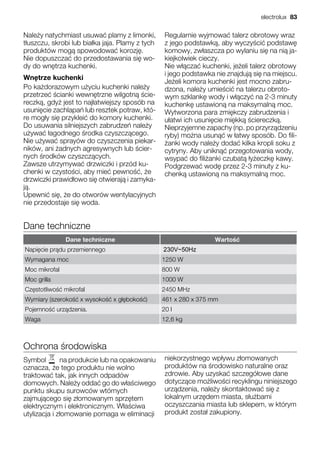 Nale y natychmiast usuwa plamy z limonki,
t uszczu, skrobi lub bia ka jaja. Plamy z tych
produktów mog spowodowa korozj .
Nie dopuszcza do przedostawania si wo-
dy do wn trza kuchenki.
Wn trze kuchenki
Po ka dorazowym u yciu kuchenki nale y
przetrze cianki wewn trzne wilgotn cie-
reczk , gdy jest to naj atwiejszy sposób na
usuni cie zachlapa lub resztek potraw, któ-
re mog y si przyklei do komory kuchenki.
Do usuwania silniejszych zabrudze nale y
u ywa agodnego rodka czyszcz cego.
Nie u ywa sprayów do czyszczenia piekar-
ników, ani adnych agresywnych lub cier-
nych rodków czyszcz cych.
Zawsze utrzymywa drzwiczki i przód ku-
chenki w czysto ci, aby mie pewno , e
drzwiczki prawid owo si otwieraj i zamyka-
j .
Upewni si , e do otworów wentylacyjnych
nie przedostaje si woda.
Regularnie wyjmowa talerz obrotowy wraz
z jego podstawk , aby wyczy ci podstaw
komowy, zw aszcza po wylaniu si na ni ja-
kiejkolwiek cieczy.
Nie w cza kuchenki, je eli talerz obrotowy
i jego podstawka nie znajduj si na miejscu.
Je eli komora kuchenki jest mocno zabru-
dzona, nale y umie ci na talerzu obroto-
wym szklank wody i w czy na 2-3 minuty
kuchenk ustawion na maksymaln moc.
Wytworzona para zmi kczy zabrudzenia i
u atwi ich usuni cie mi kk ciereczk .
Nieprzyjemne zapachy (np. po przyrz dzeniu
ryby) mo na usun w atwy sposób. Do fili-
anki wody nale y doda kilka kropli soku z
cytryny. Aby unikn przegotowania wody,
wsypa do fili anki czubat y eczk kawy.
Podgrzewa wod przez 2-3 minuty z ku-
chenk ustawion na maksymaln moc.
Dane techniczne
Dane techniczne Warto
Napi cie pr du przemiennego
Wymagana moc
Moc mikrofal 800 W
Moc grilla 1000 W
Cz stotliwo mikrofal 2450 MHz
Wymiary (szeroko x wysoko x g boko ) 461 x 280 x 375 mm
Pojemno urz dzenia. 20 l
Waga 12,6 kg
Ochrona rodowiska
Symbol na produkcie lub na opakowaniu
oznacza, e tego produktu nie wolno
traktowa tak, jak innych odpadów
domowych. Nale y odda go do w a ciwego
punktu skupu surowców wtórnych
zajmuj cego si z omowanym sprz tem
elektrycznym i elektronicznym. W a ciwa
utylizacja i z omowanie pomaga w eliminacji
niekorzystnego wp ywu z omowanych
produktów na rodowisko naturalne oraz
zdrowie. Aby uzyska szczegó owe dane
dotycz ce mo liwo ci recyklingu niniejszego
urz dzenia, nale y skontaktowa si z
lokalnym urz dem miasta, s u bami
oczyszczania miasta lub sklepem, w którym
produkt zosta zakupiony.
electrolux 83
1250 W
230V~50Hz
 