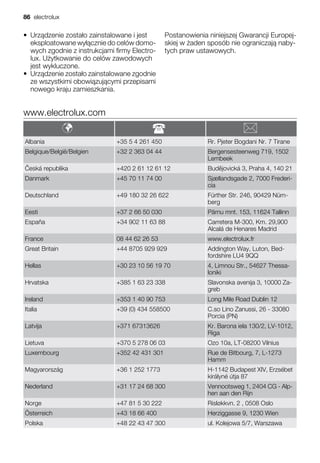 • Urz dzenie zosta o zainstalowane i jest
eksploatowane wy cznie do celów domo-
wych zgodnie z instrukcjami firmy Electro-
lux. U ytkowanie do celów zawodowych
jest wykluczone.
• Urz dzenie zosta o zainstalowane zgodnie
ze wszystkimi obowi zuj cymi przepisami
nowego kraju zamieszkania.
Postanowienia niniejszej Gwarancji Europej-
skiej w aden sposób nie ograniczaj naby-
tych praw ustawowych.
www.electrolux.com
Albania +35 5 4 261 450 Rr. Pjeter Bogdani Nr. 7 Tirane
Belgique/België/Belgien +32 2 363 04 44 Bergensesteenweg 719, 1502
Lembeek
eská republika +420 2 61 12 61 12 Bud jovická 3, Praha 4, 140 21
Danmark +45 70 11 74 00 Sjællandsgade 2, 7000 Frederi-
cia
Deutschland +49 180 32 26 622 Fürther Str. 246, 90429 Nürn-
berg
Eesti +37 2 66 50 030 Pärnu mnt. 153, 11624 Tallinn
España +34 902 11 63 88 Carretera M-300, Km. 29,900
Alcalá de Henares Madrid
France 08 44 62 26 53 www.electrolux.fr
Great Britain +44 8705 929 929 Addington Way, Luton, Bed-
fordshire LU4 9QQ
Hellas +30 23 10 56 19 70 4, Limnou Str., 54627 Thessa-
loniki
Hrvatska +385 1 63 23 338 Slavonska avenija 3, 10000 Za-
greb
Ireland +353 1 40 90 753 Long Mile Road Dublin 12
Italia +39 (0) 434 558500 C.so Lino Zanussi, 26 - 33080
Porcia (PN)
Latvija +371 67313626 Kr. Barona iela 130/2, LV-1012,
Riga
Lietuva +370 5 278 06 03 Ozo 10a, LT-08200 Vilnius
Luxembourg +352 42 431 301 Rue de Bitbourg, 7, L-1273
Hamm
Magyarország +36 1 252 1773 H-1142 Budapest XIV, Erzsébet
királyné útja 87
Nederland +31 17 24 68 300 Vennootsweg 1, 2404 CG - Alp-
hen aan den Rijn
Norge +47 81 5 30 222 Risløkkvn. 2 , 0508 Oslo
Österreich +43 18 66 400 Herziggasse 9, 1230 Wien
Polska +48 22 43 47 300 ul. Kolejowa 5/7, Warszawa
86 electrolux
 