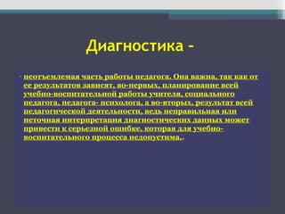 Диагностика –
• неотъемлемая часть работы педагога. Она важна, так как от
ее результатов зависят, во-первых, планирование всей
учебно-воспитательной работы учителя, социального
педагога, педагога- психолога, а во-вторых, результат всей
педагогической деятельности, ведь неправильная или
неточная интерпретация диагностических данных может
привести к серьезной ошибке, которая для учебно-
воспитательного процесса недопустима..
 