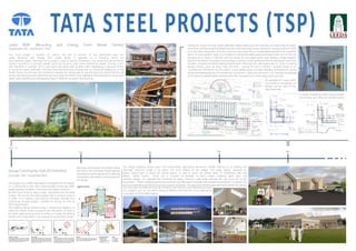 TATA STEEL PROJECTS (TSP)
Sept ‘14
Oct Nov Dec Jan
Having this insight into the project definitely helped getting me the interview and eventually the place-
ment I feel. Architecturally this project was the most stunning I’ve ever worked on during my time at TATA
or at any other placement. An iconic local structure made this an unbelievable experience for myself for
which I’m very grateful. Upon its completion it will be the tallest glued laminated timber arch in the UK,
standing at 42 meters. It will also hold the record for the largest green wall utilizing a single irrigation
system in the world. The project was starting to come to a close during my time on the project and so my
activities consisted of mainly making amendments. Although the odd oppertunity to assist in making
design choices came up every now and then. During the first 4 months I worked mostly as an
Architectural Technician on this project. Usual weekly duties included detailing amendments, issuing
sheets and developing the 3-D models (for use by both Client and contractor). As I had little knowledge
of Architectural details before starting work here it proved to be a fairly steep learning curve.
Sessay Community Hub (N.Yorkshire)
(October 10th - November 8th)
The project was a RIBA international competion for the design
of a community centre and cricket pavillion (amongst other
quality sporting facilites) in the small rural village of Sessay.
86 firms from as far as Japan made submissions for the initial
contest. The cost for the entire project had to come to around
£1.25M - £1.5, making it the most far removed, intimate, and
community focused project I worked on during my time at
TATA Steel Projects.
The building layout evolved using a relationship diagram to
reflect the needs of the occupants into the layout. As well as
this there were phasing issues to tackle as to keep the existing
facilities and cricket fields in use during the construction phase.
Mydutiesonthisprojectincluededmaking
floor plans from the Revit model (below),
developing carpark layouts and collecting
visualisation precedents (centre/right) for
the design.
The design proposal draws upon the surrounding agricultural vernacular. Whilst aspiring to be striking the
“barn-like” structure made it sit within the rural setting of the village. The large glazed windows al-
lowed natural light to flood the central spaces, as well as frame the famed views of Hambleton Hills and
Kilburn “White Horse”. `There are a number of benefits to larch timber cladding apart from the
aesthetic design. For example the reduction of heavy masonry outer walls reduced the size and cost of the
foundations. Timber cladding panels can be factory pre-fabricated complete with breathing membrane insulation and
possess outstanding thermal and sound insulation properties. The grey brick aimed to give permance within the setting.
Our entry did not make the short list of finalists. Non the less it was interesting to work
on a project such as this with it being so different from the rest of my experiances
on projects at TATA Steel Projects.
Leeds RERF (Recycling and Energy From Waste Centre)
(September 9th - December 19th)
The main project I worked on during the first 4 months of my placement was the
Leeds Recycling and Energy from waste facility. It operates as a recycling centre for
local domestic waste, and what isn’t recycled is used as fuel for incinerators. The waste that cannot be re-
cycled is ground to a constant calorific value and burnt to drive steam turbines for power. During a sum-
mer internship in summer 2013 I had spent one week with another intern developing a structural frame
to house the green wall (left). The main issue we faced was passing over no horizontal loading on to the
timber frames (as that was the contractors request etc). Being able to see the structure erected during my
various site visits during the internship year was surely one of the many highlights of the placement. The second
week I spent detailing and developing sheets in Revit for the green wall structure.
A couple of detailing sheets I would model
and or draw up in Revit can be seen below.
An example of a quick draft-
ing render for visualisation of
finishes can be seen to the
right hand side.
 
