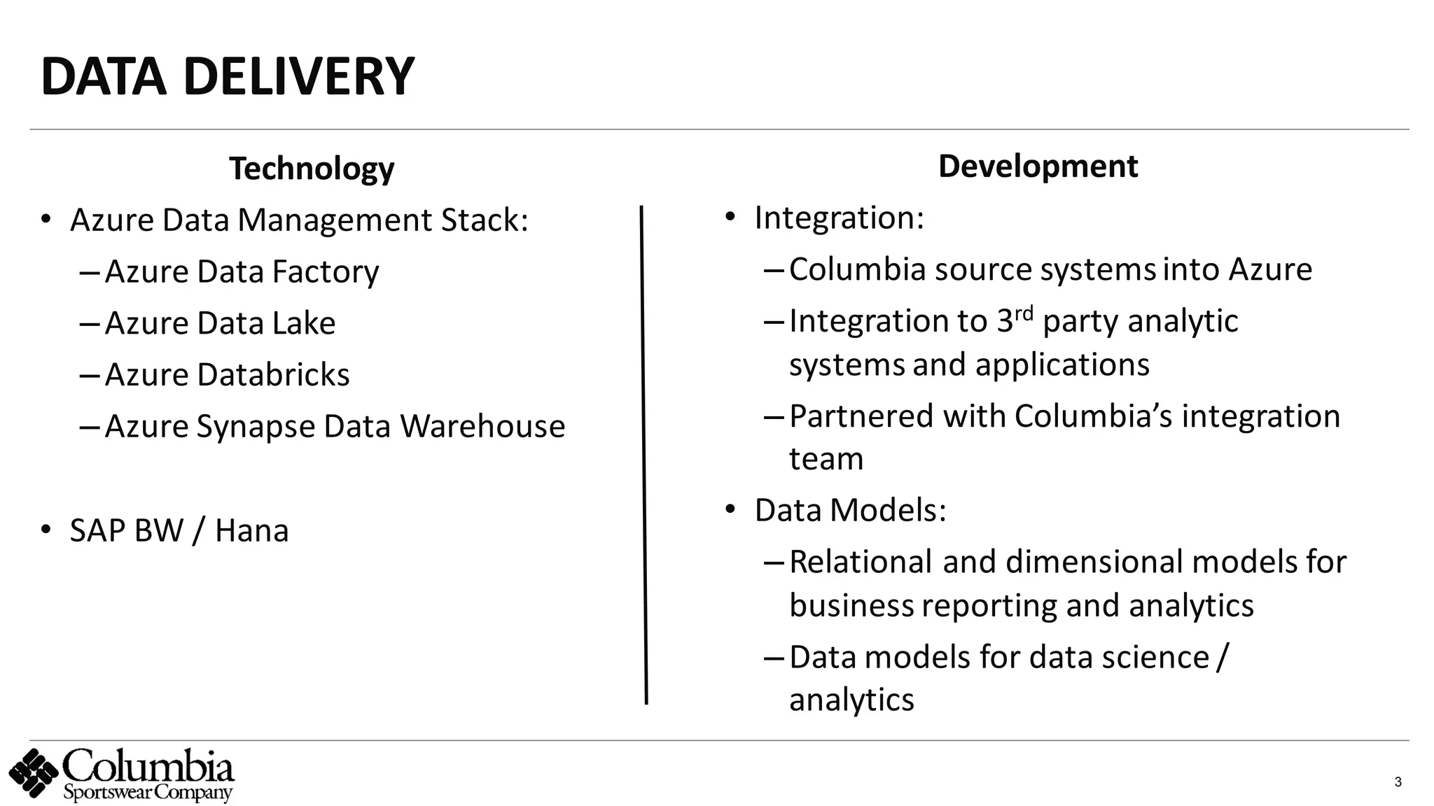 3
Technology
• Azure Data Management Stack:
–Azure Data Factory
–Azure Data Lake
–Azure Databricks
–Azure Synapse Data Warehouse
• SAP BW / Hana
DATA DELIVERY
abc
Development
• Integration:
–Columbia source systemsinto Azure
–Integration to 3rd party analytic
systems and applications
–Partnered with Columbia’s integration
team
• Data Models:
–Relational and dimensional models for
business reporting and analytics
–Data models for data science /
analytics
 