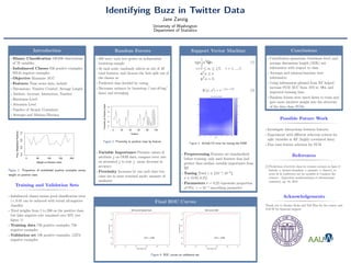 Identifying Buzz in Twitter Data
Jane Zanzig
University of Washington
Department of Statistics
Introduction
• Binary Classiﬁcation 100,000 observations
of 78 variables
• Imbalanced Classes 856 positive examples,
99144 negative examples
• Objective Maximize AUC
• Features Time series data, include:
• Discussions: Number Created, Average Length
• Authors: Increase, Interaction, Number
• Burstiness Level
• Attention Level
• Number of Atomic Containers
• Averages and Minima/Maxima
0 50 100 150 200
0.40.60.81.0
Weight on Positive Class
Prop.MislabeledPositives
Figure 1: Proportion of mislabeled positive examples versus
weight on positive class.
Training and Validation Sets
• Imbalanced classes means good classiﬁcation error
(< 0.01 can be achieved with trivial all-negative
classiﬁer
• Tried weights from 1 to 200 on the positive class,
but false negative rate remained over 50% (see
ﬁgure 1)
• Training data 750 positive examples, 750
negative examples
• Validation set 106 positive examples, 12274
negative examples
Random Forests
• 500 trees, each tree grown on independent
bootstrap sample
• At each node, randomly selects m out of M
total features, and chooses the best split out of
the chosen m
• Predicted class decided by voting
• Decreases variance by bootstrap (“out-of-bag”
data) and averaging
0 20 40 60 80 100
−10123
Feature
ProximitytoPositiveClass
Figure 2: Proximity to positive class by feature.
• Variable Importance Permute values of
attribute j on OOB data; compare error rate
on permuted j to true j: mean decrease in
accuracy
• Proximity Increases by one each time two
cases are in same terminal mode; measure of
similarity
Support Vector Machine
minα
1
2
αT
Qα (1)
s.t.0 ≤ αi ≤ 1/l, i = 1, ..., l,
eT
α ≥ ν
yT
α = 0.
K(x, x ) = e−γ||x−x ||2
(2)
0.1
0.2
0.3
0.4
0.5
−6.0 −5.5 −5.0 −4.5 −4.0 −3.5 −3.0
0.05
0.10
0.15
0.20
10−Fold CV Error of SVM
log10(γ)
ν
Figure 3: 10-fold CV error for tuning the SVM.
• Preprocessing Features are standardized
before training; only used features that had
greater than median variable importance from
RF
• Tuning Tried γ ∈ {10−3
, 10−6
},
ν ∈ (0.05, 0.25)
• Parameters ν = 0.23 represents proportion
of SVs; γ = 10−4
smoothing parameter
Final ROC Curves
ROC Curve for Random Forest
False positive rate
Truepositiverate
0.0 0.2 0.4 0.6 0.8 1.0
0.00.20.40.60.81.0
AUC = 0.992
ROC Curve for SVM
False positive rate
Truepositiverate
0.0 0.2 0.4 0.6 0.8 1.0
0.00.20.40.60.81.0
AUC = 0.984
Figure 4: ROC curves on validation set.
Conclusions
• Contribution sparseness, burstiness level, and
average discussions length (ADL) not
informative with respect to class
• Averages and minima/maxima were
informative
• Using information gleaned from RF helped
increase SVM AUC from .973 to .984, and
improved training time.
• Random forests were much faster to train and
gave more intuitive insight into the structure
of the data than SVMs.
Possible Future Work
• Investigate interactions between features
• Experiment with diﬀerent selection criteria for
split variables in RF (highly correlated data)
• Fine tune feature selection for SVM
References
[1] Predictions d’activite dans les reseaux sociaux en ligne (f.
kawala, a. douzal-chouakria, e. gaussier, e. dimert), in
actes de la conference sur les modeles et l’analyse des
reseaux : Approches mathematiques et informatique
(marami), pp. 16, 2013.
Acknowledgements
Thank you to Marina Meila and Yali Wan for the course, and
AAUW for ﬁnancial support.
 