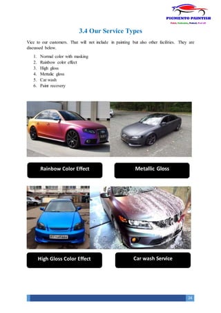 24
3.4 Our Service Types
Vice to our customers. That will not include in painting but also other facilities. They are
discussed below.
1. Normal color with masking
2. Rainbow color effect
3. High gloss
4. Mettalic gloss
5. Car wash
6. Paint recovery
Rainbow Color Effect Metallic Gloss
High Gloss Color Effect Car wash Service
 