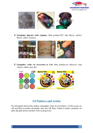 26
4. Guangzhou jingxuan trade company: Main products-PVC vinyl film,car window
film,car sticker accessory
5. Guangzhou carlas car accessories co. Ltd: Main products-car sticker,car warp
vinyl,car rubber spray film
3.5 Painters and Artists
We will appoint about twenty painters and graphics artists for our business. For this reason, we
will need Real car painter and graphic artist who will firstly Trained to achieve perfection for
plasti dip paint process and later work on project cars.
 