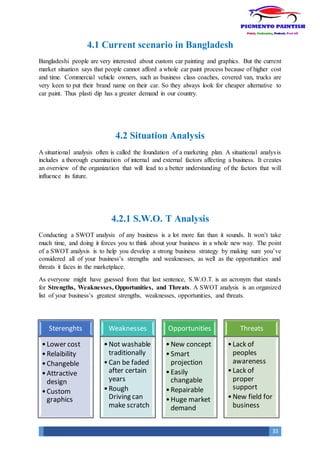 33
4.1 Current scenario in Bangladesh
Bangladeshi people are very interested about custom car painting and graphics. But the current
market situation says that people cannot afford a whole car paint process because of higher cost
and time. Commercial vehicle owners, such as business class coaches, covered van, trucks are
very keen to put their brand name on their car. So they always look for cheaper alternative to
car paint. Thus plasti dip has a greater demand in our country.
4.2 Situation Analysis
A situational analysis often is called the foundation of a marketing plan. A situational analysis
includes a thorough examination of internal and external factors affecting a business. It creates
an overview of the organization that will lead to a better understanding of the factors that will
influence its future.
4.2.1 S.W.O. T Analysis
Conducting a SWOT analysis of any business is a lot more fun than it sounds. It won’t take
much time, and doing it forces you to think about your business in a whole new way. The point
of a SWOT analysis is to help you develop a strong business strategy by making sure you’ve
considered all of your business’s strengths and weaknesses, as well as the opportunities and
threats it faces in the marketplace.
As everyone might have guessed from that last sentence, S.W.O.T. is an acronym that stands
for Strengths, Weaknesses, Opportunities, and Threats. A SWOT analysis is an organized
list of your business’s greatest strengths, weaknesses, opportunities, and threats.
Sterenghts
•Lower cost
•Relaibility
•Changeble
•Attractive
design
•Custom
graphics
Weaknesses
•Not washable
traditionally
•Can be faded
after certain
years
•Rough
Driving can
make scratch
Opportunities
•New concept
•Smart
projection
•Easily
changable
•Repairable
•Huge market
demand
Threats
•Lack of
peoples
awareness
•Lack of
proper
support
•New field for
business
 