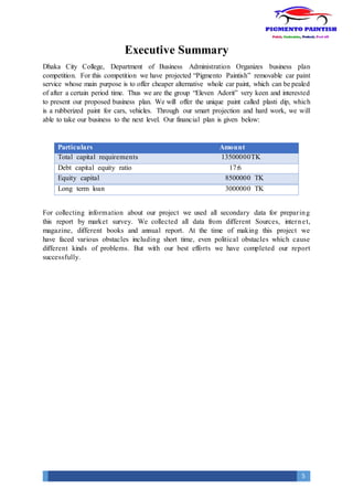 5
Executive Summary
Dhaka City College, Department of Business Administration Organizes business plan
competition. For this competition we have projected “Pigmento Paintish” removable car paint
service whose main purpose is to offer cheaper alternative whole car paint, which can be pealed
of after a certain period time. Thus we are the group “Eleven Adorit” very keen and interested
to present our proposed business plan. We will offer the unique paint called plasti dip, which
is a rubberized paint for cars, vehicles. Through our smart projection and hard work, we will
able to take our business to the next level. Our financial plan is given below:
Particulars Amount
Total capital requirements 13500000TK
Debt capital equity ratio 17:6
Equity capital 8500000 TK
Long term loan 3000000 TK
For collecting information about our project we used all secondary data for preparing
this report by market survey. We collected all data from different Sources, internet,
magazine, different books and annual report. At the time of making this project we
have faced various obstacles including short time, even political obstacles which cause
different kinds of problems. But with our best efforts we have completed our report
successfully.
 