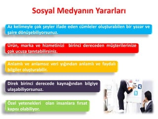 Sosyal Medyanın Yararları
Az kelimeyle çok şeyler ifade eden cümleler oluşturabilen bir yazar ve
şaire dönüşebiliyorsunuz.
Ürün, marka ve hizmetinizi birinci dereceden müşterilerinize
çok ucuza tanıtabilirsiniz.
Anlamlı ve anlamsız veri yığından anlamlı ve faydalı
bilgiler oluşturabilir.
Direk birinci derecede kaynağından bilgiye
ulaşabiliyorsunuz.
Özel yetenekleri olan insanlara fırsat
kapısı olabiliyor.
 