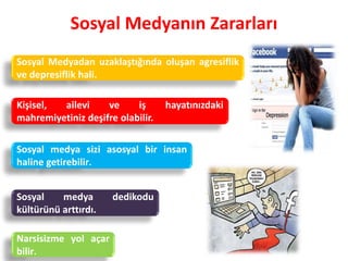 Sosyal Medyanın Zararları
Sosyal medya sizi asosyal bir insan
haline getirebilir.
Kişisel, ailevi ve iş hayatınızdaki
mahremiyetiniz deşifre olabilir.
Sosyal Medyadan uzaklaştığında oluşan agresiflik
ve depresiflik hali.
Sosyal medya dedikodu
kültürünü arttırdı.
Narsisizme yol açar
bilir.
 