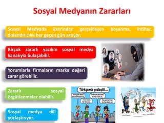 Sosyal Medyanın Zararları
Sosyal medya dili
yozlaştırıyor.
Birçok zararlı yazılım sosyal medya
kanalıyla bulaşabilir.
Sosyal Medyada üzerinden gerçekleşen boşanma, intihar,
dolandırıcılık her geçen gün artıyor.
Yorumlarla firmaların marka değeri
zarar görebilir.
Zararlı sosyal
örgütlenmeler olabilir.
 