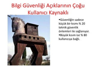 Bilgi Güvenliği Açıklarının Çoğu
Kullanıcı Kaynaklı
Güvenliğin sadece
küçük bir kısmı % 20
teknik güvenlik
önlemleri ile sağlanıyor.
Büyük kısım ise % 80
kullanıcıya bağlı.
 