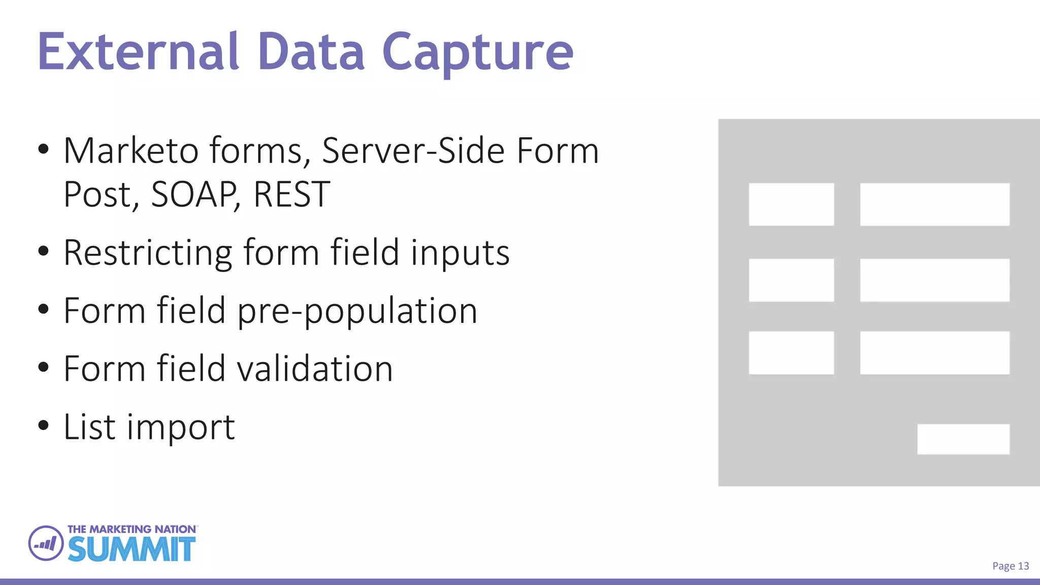 Page 13
External Data Capture
• Marketo forms, Server-Side Form
Post, SOAP, REST
• Restricting form field inputs
• Form field pre-population
• Form field validation
• List import
 