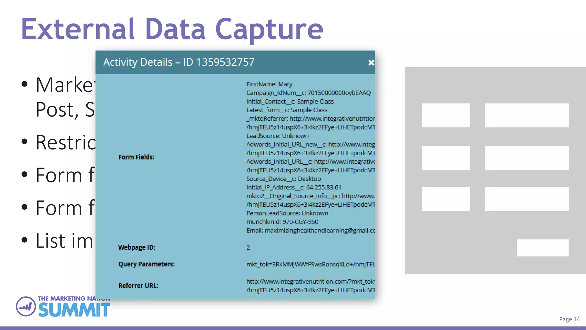 Page 14
External Data Capture
• Marketo forms, Server-Side Form
Post, SOAP, REST
• Restricting form field inputs
• Form field pre-population
• Form field validation
• List import
 