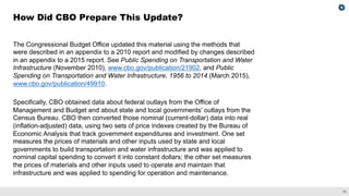 24
The Congressional Budget Office updated this material using the methods that
were described in an appendix to a 2010 report and modified by changes described
in an appendix to a 2015 report. See Public Spending on Transportation and Water
Infrastructure (November 2010), www.cbo.gov/publication/21902, and Public
Spending on Transportation and Water Infrastructure, 1956 to 2014 (March 2015),
www.cbo.gov/publication/49910.
Specifically, CBO obtained data about federal outlays from the Office of
Management and Budget and about state and local governments’ outlays from the
Census Bureau. CBO then converted those nominal (current-dollar) data into real
(inflation-adjusted) data, using two sets of price indexes created by the Bureau of
Economic Analysis that track government expenditures and investment. One set
measures the prices of materials and other inputs used by state and local
governments to build transportation and water infrastructure and was applied to
nominal capital spending to convert it into constant dollars; the other set measures
the prices of materials and other inputs used to operate and maintain that
infrastructure and was applied to spending for operation and maintenance.
How Did CBO Prepare This Update?
 