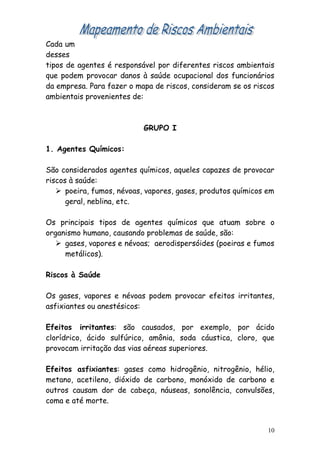 Cada um
desses
tipos de agentes é responsável por diferentes riscos ambientais
que podem provocar danos à saúde ocupacional dos funcionários
da empresa. Para fazer o mapa de riscos, consideram se os riscos
ambientais provenientes de:



                           GRUPO I

1. Agentes Químicos:

São considerados agentes químicos, aqueles capazes de provocar
riscos à saúde:
    poeira, fumos, névoas, vapores, gases, produtos químicos em
      geral, neblina, etc.

Os principais tipos de agentes químicos que atuam sobre o
organismo humano, causando problemas de saúde, são:
    gases, vapores e névoas; aerodispersóides (poeiras e fumos
     metálicos).

Riscos à Saúde

Os gases, vapores e névoas podem provocar efeitos irritantes,
asfixiantes ou anestésicos:

Efeitos irritantes: são causados, por exemplo, por ácido
clorídrico, ácido sulfúrico, amônia, soda cáustica, cloro, que
provocam irritação das vias aéreas superiores.

Efeitos asfixiantes: gases como hidrogênio, nitrogênio, hélio,
metano, acetileno, dióxido de carbono, monóxido de carbono e
outros causam dor de cabeça, náuseas, sonolência, convulsões,
coma e até morte.


                                                              10
 