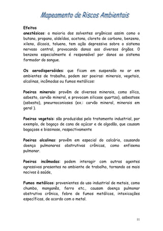 Efeitos
anestésicos: a maioria dos solventes orgânicos assim como o
butano, propano, aldeídos, acetona, cloreto de carbono, benzeno,
xileno, álcoois, tolueno, tem ação depressiva sobre o sistema
nervoso central, provocando danos aos diversos órgãos. 0
benzeno especialmente é responsável por danos ao sistema
formador do sangue.

Os aerodispersóides: que ficam em suspensão no ar em
ambientes de trabalho, podem ser poeiras: minerais, vegetais,
alcalinas, incômodas ou fumos metálicos:

Poeiras minerais: provêm de diversos minerais, como sílica,
asbesto, carvão mineral, e provocam silicose quartzo), asbestose
(asbesto), pneurnoconioses (ex.: carvão mineral, minerais em
geral ).

Poeiras vegetais: são produzidas pelo tratamento industrial, por
exemplo, de bagaço de cana de açúcar e de algodão, que causam
bagaçose e bissinose, respectivamente

Poeiras alcalinas: provêm em especial do calcário, causando
doença pulmonares obstrutivas crônicas, como enfisema
pulmonar.

Poeiras incômodas: podem interagir com outros agentes
agressivos presentes no ambiente de trabalho, tornando os mais
nocivos à saúde,

Fumos metálicos: provenientes do uso industrial de metais, como
chumbo, manganês, ferro etc., causam doença pulmonar
obstrutiva crônica, febre de fumos metálicos, intoxicações
específicas, de acordo com o metal.




                                                              11
 