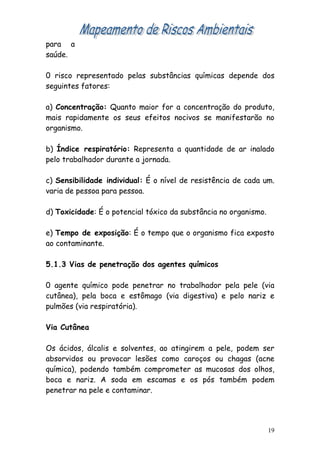 para a
saúde.

0 risco representado pelas substâncias químicas depende dos
seguintes fatores:

a) Concentração: Quanto maior for a concentração do produto,
mais rapidamente os seus efeitos nocivos se manifestarão no
organismo.

b) Índice respiratório: Representa a quantidade de ar inalado
pelo trabalhador durante a jornada.

c) Sensibilidade individual: É o nível de resistência de cada um.
varia de pessoa para pessoa.

d) Toxicidade: É o potencial tóxico da substância no organismo.

e) Tempo de exposição: É o tempo que o organismo fica exposto
ao contaminante.

5.1.3 Vias de penetração dos agentes químicos

0 agente químico pode penetrar no trabalhador pela pele (via
cutânea), pela boca e estômago (via digestiva) e pelo nariz e
pulmões (via respiratória).

Via Cutânea

Os ácidos, álcalis e solventes, ao atingirem a pele, podem ser
absorvidos ou provocar lesões como caroços ou chagas (acne
química), podendo também comprometer as mucosas dos olhos,
boca e nariz. A soda em escamas e os pós também podem
penetrar na pele e contaminar.




                                                                  19
 