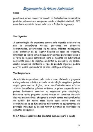 Esses

problemas podem acontecer quando os trabalhadores manipulam
produtos químicos sem equipamentos de proteção individual EPI
como luvas, aventais, botas, máscaras e óculos de segurança.




Via Digestiva

A contaminação do organismo ocorre pela ingestão acidental ou
não de substâncias nocivas, presentes em alimentos
contaminados, deteriorados ou na saliva. Hábitos inadequados
como alimentar se ou ingerir líquidos no local de trabalho,
umedecer os lábios com a língua, usar as mãos para beber água e
a falta de higiene contribuem para a ingestão de substâncias
nocivas.Há casos de ingestão acidental ou proposital de ácidos,
álcalis, solventes. Conforme o tipo de produto ingerido, podem
ocorrer lesões (queimaduras na boca, esôfago e estômago).

Via Respiratória

As substâncias penetram pelo nariz e boca, afetando a garganta
e chegando aos pulmões. Através da circulação sangüínea, podem
seguir para outros órgãos, onde manifestarão seus efeitos
tóxicos. Substâncias químicas na forma de pó em suspensão no ar
podem facilmente penetrar no organismo pela respiração.
Partículas muito pequenas podem vencer as barreiras naturais
das vias respiratórias, chegando a atingir partes mais profundas
do pulmão. Em todos esses casos pode existir risco de
contaminação se os funcionários não usarem os equipamentos de
proteção individual ou se não houver sistemas de ventilação ou
exaustão adequados.

5.1.4 Riscos possíveis dos produtos químicos para a saúde



                                                              20
 