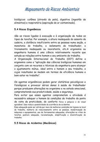 biológicos: cutânea (através da pele), digestiva (ingestão de
alimentos) e respiratória (aspiração de ar contaminado).

5.4 Riscos Ergonômicos

São os riscos ligados à execução e à organização de todos os
tipos de tarefas. Por exemplo, a altura inadequada do assento da
cadeira, a distância insuficiente entre as pessoas numa seção, a
monotonia do trabalho, o isolamento do trabalhador, o
treinamento inadequado ou inexistente, etc.A ergonomia ou
engenharia humana é uma ciência relativamente recente que
estuda as relações entre homem e seu ambiente de trabalho.
A Organização Internacional do Trabalho (OIT) define a
ergonomia como a "aplicação das ciências biológicas humanas em
conjunto com os recursos e técnicas da engenharia para alcançar
o ajustamento mútuo, ideal entre o homem e seu trabalho, e
cujos resultados se medem em termos de eficiência humana e
bem estar no trabalho".

Os agentes ergonômicos podem gerar distúrbios psicológicos e
fisiológicos e provocar sérios danos à saúde do trabalhador
porque produzem alterações no organismo e no estado emocional,
comprometendo sua produtividade, saúde e segurança.
Para evitar que esses agentes comprometam a atividade é
necessário adequar o homem às condições de trabalho do ponto
de vista da praticidade, do conforto físico e psíquico e do visual
agradável. Isso reduz a possibilidade da ocorrência de acidentes.
Essa adequação pode ser obtida por meio de melhores condições de higiene no local
de trabalho, melhoria do relacionamento entre as pessoas, modernização de
máquinas e equipamentos, uso de ferramentas adequadas, alterações no ritmo de
tarefas, postura adequada, racionalização, simplificação e diversificação do
trabalho.


5.5 Riscos de Acidentes (Mecânicos)



                                                                              31
 