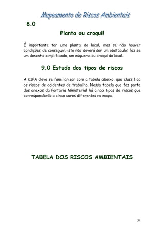 8.0
                    Planta ou croqui!

É importante ter uma planta do local, mas se não houver
condições de conseguir, isto não deverá ser um obstáculo: faz se
um desenho simplificado, um esquema ou croqui do local.


         9.0 Estudo dos tipos de riscos

A CIPA deve se familiarizar com a tabela abaixo, que classifica
os riscos de acidentes de trabalho. Nessa tabela que faz parte
dos anexos da Portaria Ministerial há cinco tipos de riscos que
corresponderão a cinco cores diferentes no mapa.




    TABELA DOS RISCOS AMBIENTAIS




                                                              34
 
