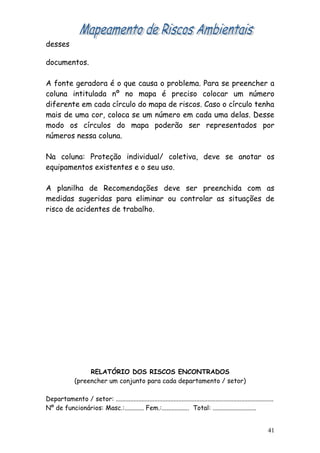 desses

documentos.

A fonte geradora é o que causa o problema. Para se preencher a
coluna intitulada nº no mapa é preciso colocar um número
diferente em cada círculo do mapa de riscos. Caso o círculo tenha
mais de uma cor, coloca se um número em cada uma delas. Desse
modo os círculos do mapa poderão ser representados por
números nessa coluna.

Na coluna: Proteção individual/ coletiva, deve se anotar os
equipamentos existentes e o seu uso.

A planilha de Recomendações deve ser preenchida com as
medidas sugeridas para eliminar ou controlar as situações de
risco de acidentes de trabalho.




                    RELATÓRIO DOS RISCOS ENCONTRADOS
               (preencher um conjunto para cada departamento / setor)

Departamento / setor: ..................................................................................................
Nº de funcionários: Masc.:............ Fem.:................. Total: ...........................


                                                                                                                     41
 
