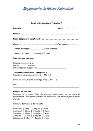 Roteiro de abordagem ( Auxiliar )

Empresa: ............................................Data:...../...../......

Unidade:......................................................................

Nome (empregado questionado):............................................

Cargo:..............................................Nº do mapa:.............

Jornada de trabalho ................. horas semanais

Turnos: ( )1º Turno ( ) 2º Turno ( ) 3º Turno

Intervalo para descanso:

Refeição:.................. horas
Lanche:.................... minutos
Por necessidade da ocupação:.....................................................................

Treinamento introdutória ( Integração )
Procedimentos operacionais: Sim ( ) Não ( )

Relativo à saúde, higiene, segurança: Sim ( ) Não ( )

Obs.:.................................................................................................................................................
..........................................................................................................................................................

Processo de trabalho
Enumerar as principais fases do processo, descrevendo ou representando
graficamente ( fluxograma ) aqueles de maior risco, que serão objeto de maior
atenção.

Condições Sanitárias e de Conforto

Refeitório: ( ) Bom ( ) Regular ( ) Ruim
Sanitários: ( ) Bom ( ) Regular ( ) Ruim
Vestiários: ( ) Bom ( ) Regular ( ) Ruim
Armários: ( ) Bom ( ) Regular ( ) Ruim
Bebedouros: ( ) Bom ( ) Regular ( ) Ruim


                                                                                                                                                     49
 