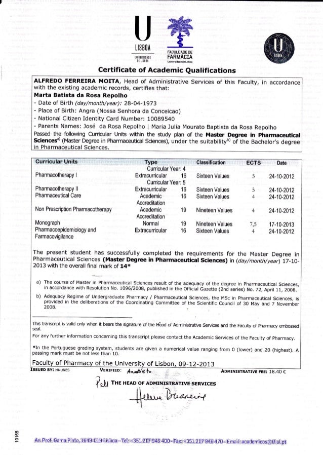 Master Degree certificate in Pharmaceuthical Sciences