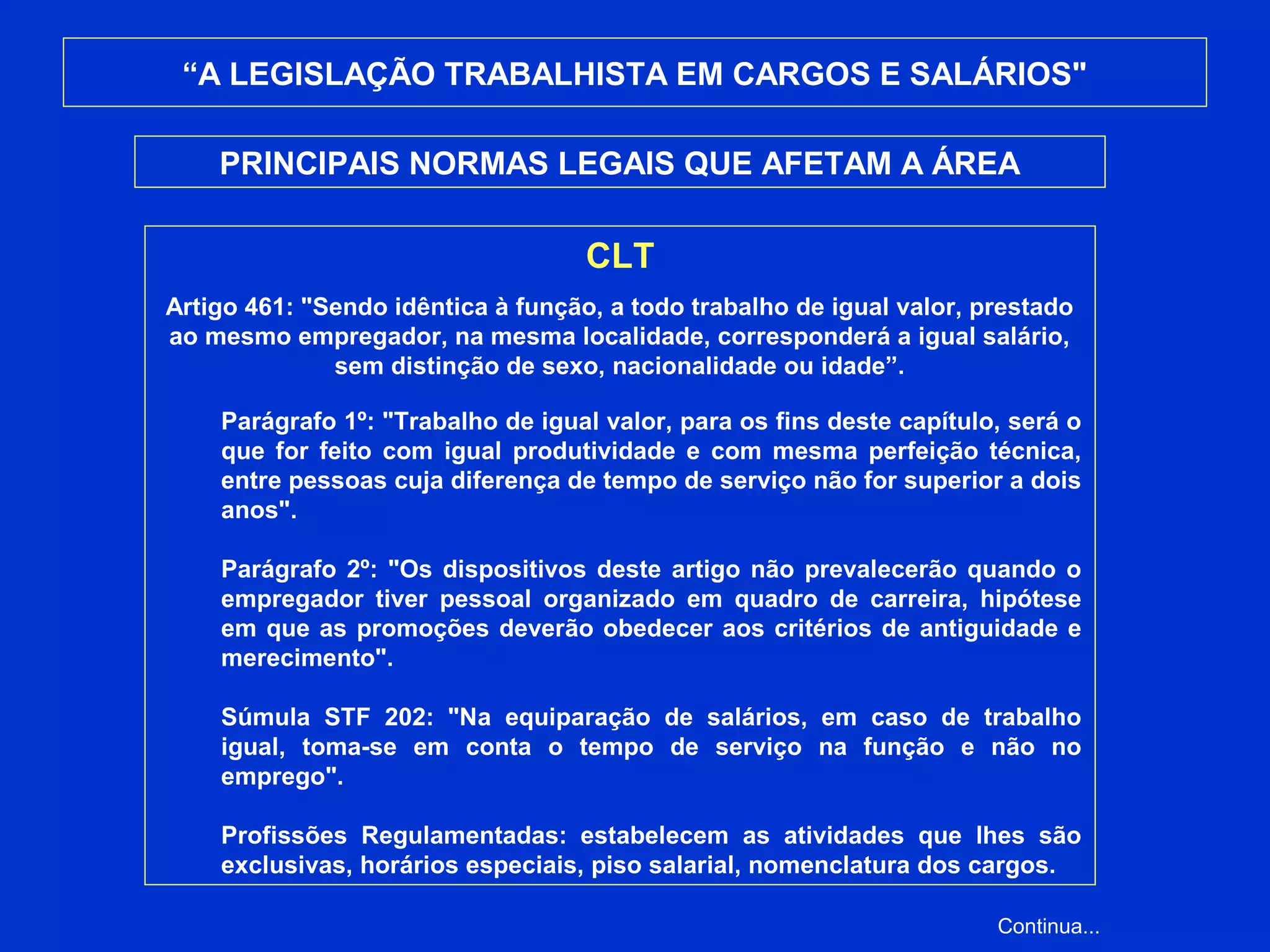 “A LEGISLAÇÃO TRABALHISTA EM CARGOS E SALÁRIOS"
PRINCIPAIS NORMAS LEGAIS QUE AFETAM A ÁREA
CLT
Artigo 461: "Sendo idêntica à função, a todo trabalho de igual valor, prestado
ao mesmo empregador, na mesma localidade, corresponderá a igual salário,
sem distinção de sexo, nacionalidade ou idade”.
Parágrafo 1º: "Trabalho de igual valor, para os fins deste capítulo, será o
que for feito com igual produtividade e com mesma perfeição técnica,
entre pessoas cuja diferença de tempo de serviço não for superior a dois
anos".
Parágrafo 2º: "Os dispositivos deste artigo não prevalecerão quando o
empregador tiver pessoal organizado em quadro de carreira, hipótese
em que as promoções deverão obedecer aos critérios de antiguidade e
merecimento".
Súmula STF 202: "Na equiparação de salários, em caso de trabalho
igual, toma-se em conta o tempo de serviço na função e não no
emprego".
Profissões Regulamentadas: estabelecem as atividades que lhes são
exclusivas, horários especiais, piso salarial, nomenclatura dos cargos.
Continua...
 