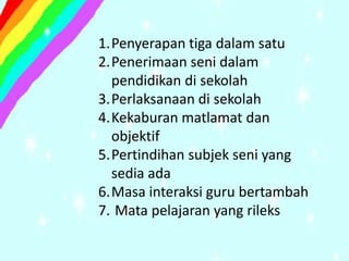 1.Penyerapan tiga dalam satu
2.Penerimaan seni dalam
  pendidikan di sekolah
3.Perlaksanaan di sekolah
4.Kekaburan matlamat dan
  objektif
5.Pertindihan subjek seni yang
  sedia ada
6.Masa interaksi guru bertambah
7. Mata pelajaran yang rileks
 
