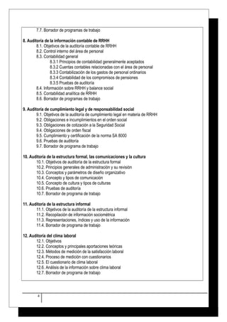 7.7. Borrador de programas de trabajo 
8. Auditoría de la información contable de RRHH 
8.1. Objetivos de la auditoría contable de RRHH 
8.2. Control interno del área de personal 
8.3. Contabilidad general 
8.3.1 Principios de contabilidad generalmente aceptados 
8.3.2 Cuentas contables relacionadas con el área de personal 
8.3.3 Contabilización de los gastos de personal ordinarios 
8.3.4 Contabilidad de los compromisos de pensiones 
8.3.5 Pruebas de auditoría 
8.4. Información sobre RRHH y balance social 
8.5. Contabilidad analítica de RRHH 
8.6. Borrador de programas de trabajo 
9. Auditoría de cumplimiento legal y de responsabilidad social 
9.1. Objetivos de la auditoría de cumplimiento legal en materia de RRHH 
9.2. Obligaciones e incumplimientos en el orden social 
9.3. Obligaciones de cotización a la Seguridad Social 
9.4. Obligaciones de orden fiscal 
9.5. Cumplimiento y certificación de la norma SA 8000 
9.6. Pruebas de auditoría 
9.7. Borrador de programa de trabajo 
10. Auditoría de la estructura formal, las comunicaciones y la cultura 
10.1. Objetivos de auditoría de la estructura formal 
10.2. Principios generales de administración y su revisión 
10.3. Conceptos y parámetros de diseño organizativo 
10.4. Concepto y tipos de comunicación 
10.5. Concepto de cultura y tipos de culturas 
10.6. Pruebas de auditoría 
10.7. Borrador de programa de trabajo 
11. Auditoría de la estructura informal 
11.1. Objetivos de la auditoría de la estructura informal 
11.2. Recopilación de información sociométrica 
11.3. Representaciones, índices y uso de la información 
11.4. Borrador de programa de trabajo 
12. Auditoría del clima laboral 
12.1. Objetivos 
12.2. Conceptos y principales aportaciones teóricas 
12.3. Métodos de medición de la satisfacción laboral 
12.4. Proceso de medición con cuestionarios 
12.5. El cuestionario de clima laboral 
12.6. Análisis de la información sobre clima laboral 
12.7. Borrador de programa de trabajo 
4 
 