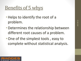 Benefits of 5 whys
• Helps to identify the root of a
problem.
• Determines the relationship between
different root causes of a problem.
• One of the simplest tools , easy to
complete without statistical analysis.
2015-06-12
 