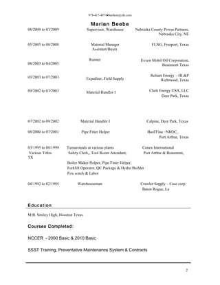 979-417-4974•beebem@zhi.com
Marian Beebe
08/2008 to 03/2009 Supervisor, Warehouse Nebraska County Power Partners,
Nebraska City, NE
05/2005 to 08/2008
08/2003 to 04/2005
03/2003 to 07/2003
09/2002 to 03/2003
Material Manager
Assistant/Buyer
Runner
Expediter, Field Supply
Material Handler I
FLNG, Freeport, Texas
Exxon Mobil Oil Corporation,
Beaumont Texas
Reliant Energy – HL&P
Richmond, Texas
Clark Energy USA, LLC
Deer Park, Texas
07/2002 to 09/2002 Material Handler I Calpine, Deer Park, Texas
08/2000 to 07/2001 Pipe Fitter Helper Basf/Fina –NROC,
Port Arthur, Texas
03/1995 to 08/1999 Turnarounds at various plants Conex International
Various Titles: Safety Clerk,, Tool Room Attendant, Port Arthur & Beaumont,
TX
Boiler Maker Helper, Pipe Fitter Helper,
Forklift Operator, QC Package & Hydro Builder
Fire watch & Labor
04/1992 to 02/1995 Warehouseman Crawler Supply – Case corp.
Baton Rogue, La
Education
M.B. Smiley High, Houston Texas
Courses Completed:
NCCER - 2000 Basic & 2010 Basic
SSST Training, Preventative Maintenance System & Contracts
2
 