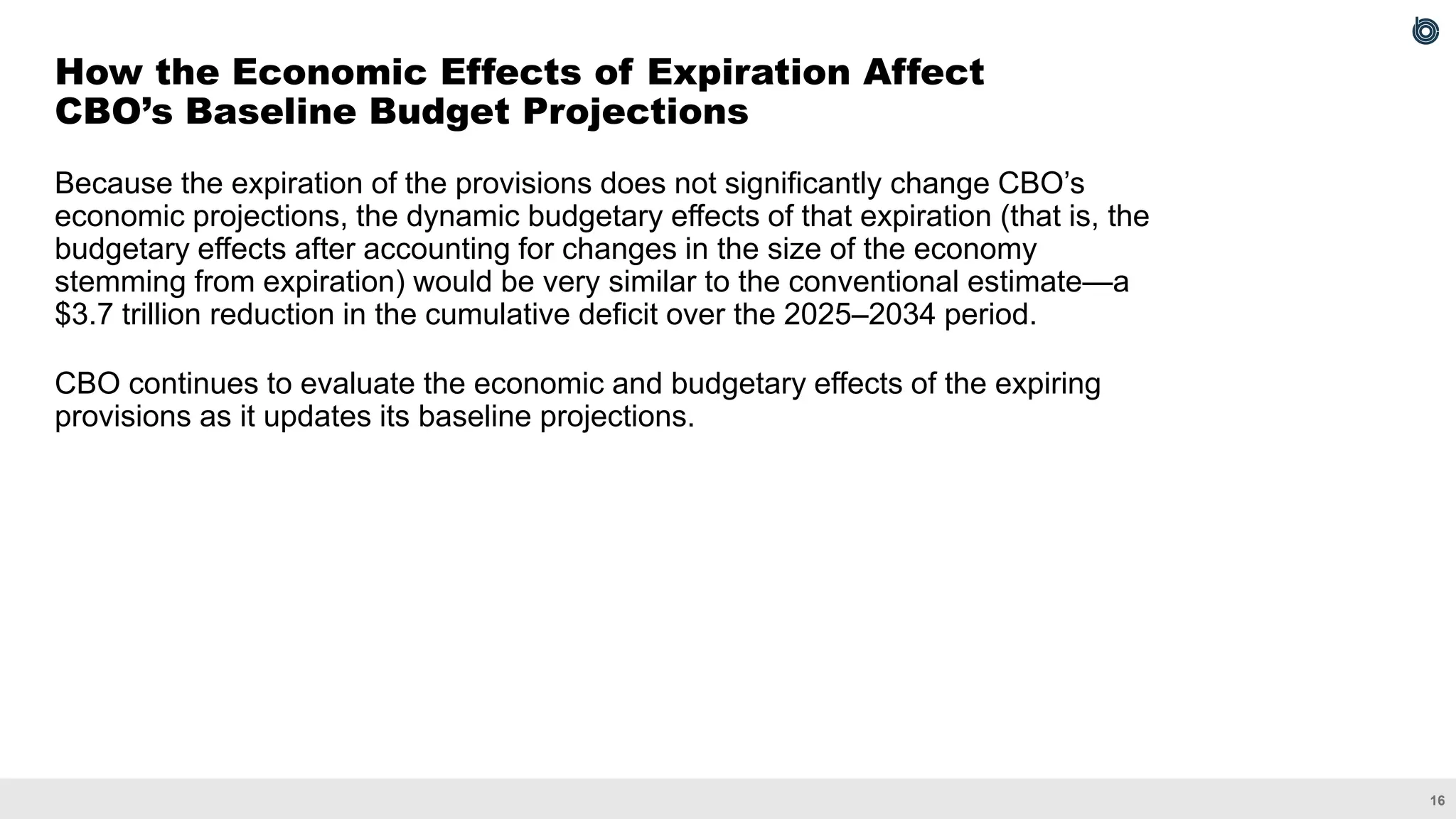 16
Because the expiration of the provisions does not significantly change CBO’s
economic projections, the dynamic budgetary effects of that expiration (that is, the
budgetary effects after accounting for changes in the size of the economy
stemming from expiration) would be very similar to the conventional estimate—a
$3.7 trillion reduction in the cumulative deficit over the 2025–2034 period.
CBO continues to evaluate the economic and budgetary effects of the expiring
provisions as it updates its baseline projections.
How the Economic Effects of Expiration Affect
CBO’s Baseline Budget Projections
 