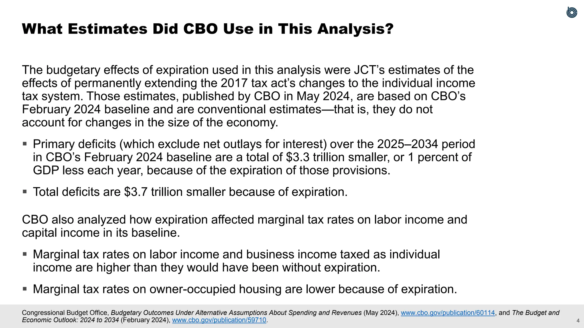 4
Congressional Budget Office, Budgetary Outcomes Under Alternative Assumptions About Spending and Revenues (May 2024), www.cbo.gov/publication/60114, and The Budget and
Economic Outlook: 2024 to 2034 (February 2024), www.cbo.gov/publication/59710.
The budgetary effects of expiration used in this analysis were JCT’s estimates of the
effects of permanently extending the 2017 tax act’s changes to the individual income
tax system. Those estimates, published by CBO in May 2024, are based on CBO’s
February 2024 baseline and are conventional estimates—that is, they do not
account for changes in the size of the economy.
▪ Primary deficits (which exclude net outlays for interest) over the 2025–2034 period
in CBO’s February 2024 baseline are a total of $3.3 trillion smaller, or 1 percent of
GDP less each year, because of the expiration of those provisions.
▪ Total deficits are $3.7 trillion smaller because of expiration.
CBO also analyzed how expiration affected marginal tax rates on labor income and
capital income in its baseline.
▪ Marginal tax rates on labor income and business income taxed as individual
income are higher than they would have been without expiration.
▪ Marginal tax rates on owner-occupied housing are lower because of expiration.
What Estimates Did CBO Use in This Analysis?
 