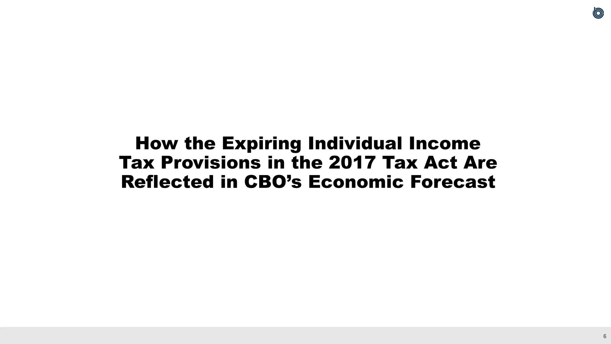 6
How the Expiring Individual Income
Tax Provisions in the 2017 Tax Act Are
Reflected in CBO’s Economic Forecast
 