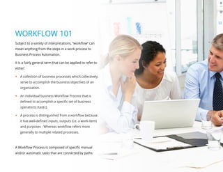 WORKFLOW 101
Subject to a variety of interpretations, “workflow” can
mean anything from the steps in a work process to
Business Process Automation.
It is a fairly general term that can be applied to refer to
either:
yy A collection of business processes which collectively
serve to accomplish the business objectives of an
organization.
yy An individual business Workflow Process that is
defined to accomplish a specific set of business
operations (tasks).
yy A process is distinguished from a workflow because
it has well-defined inputs, outputs (i.e. a work-item)
and purposes - Whereas workflow refers more
generally to multiple related processes.
A Workflow Process is composed of specific manual
and/or automatic tasks that are connected by paths
 