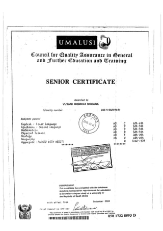 VM Ngcana Matric Certificate