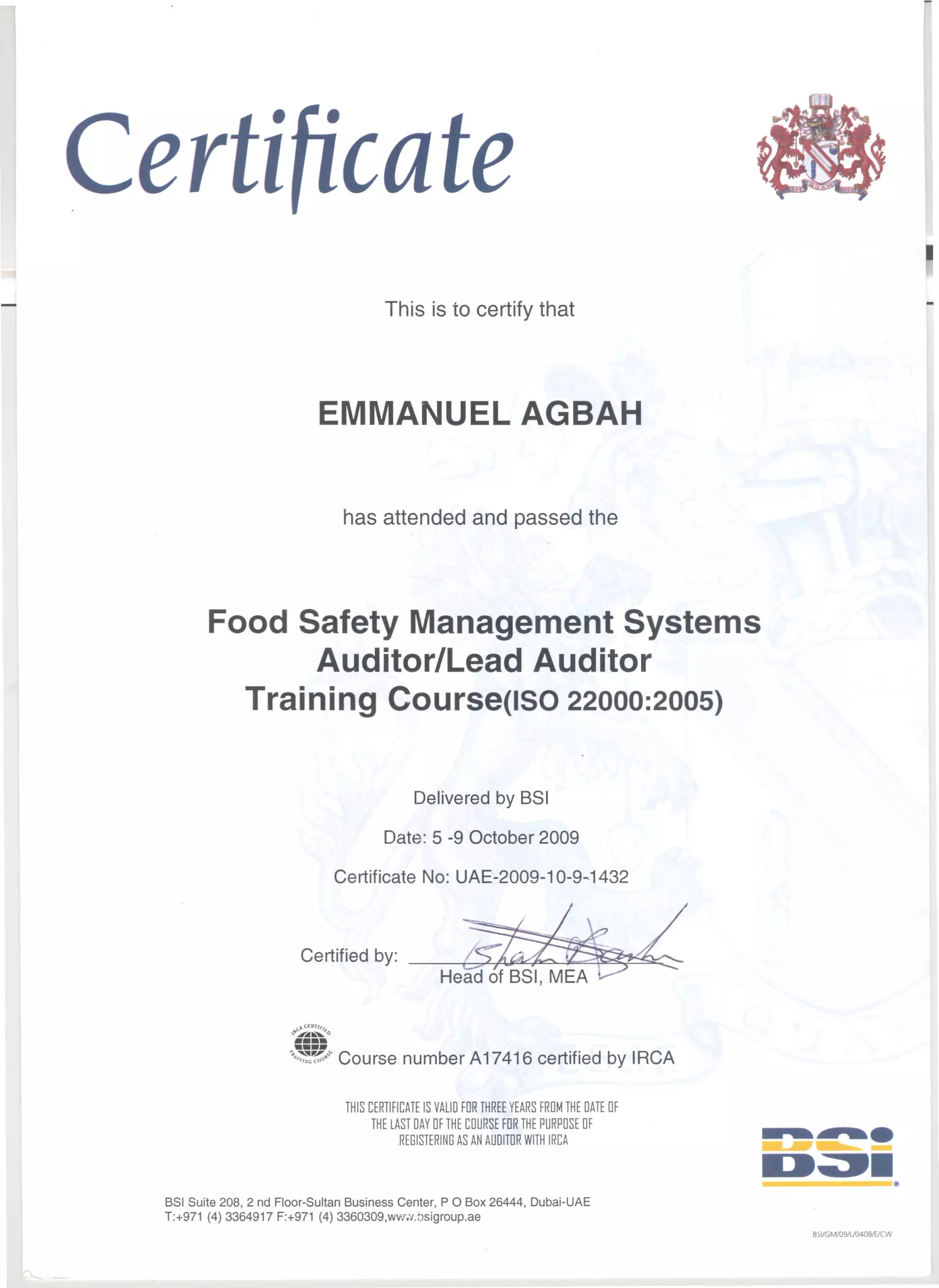 FSMS CERTIFICATE | PDF