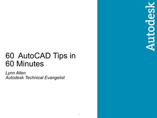 1
60 AutoCAD Tips in
60 Minutes
Lynn Allen
Autodesk Technical Evangelist
 