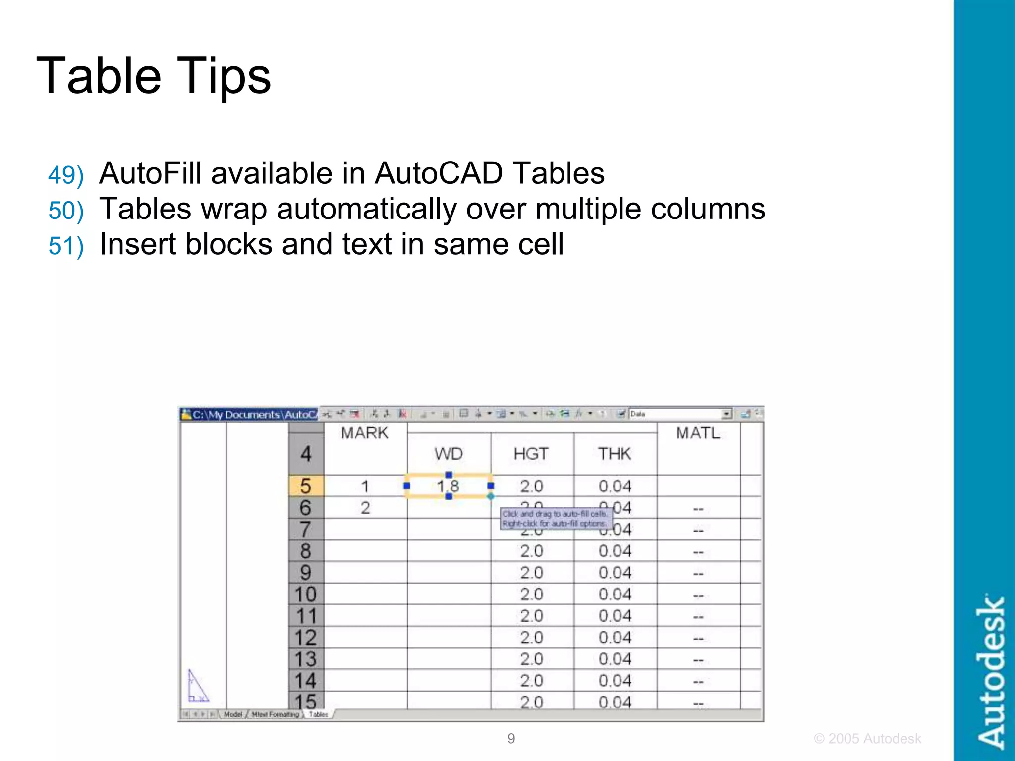 © 2005 Autodesk
9
Table Tips
49) AutoFill available in AutoCAD Tables
50) Tables wrap automatically over multiple columns
51) Insert blocks and text in same cell
 