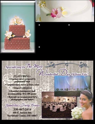 Weddings 232014-15
weddings.
n Red velvet cake with cream
cheese frosting: Red velvet cake
was once a regionally specific sta-
ple, but now has grown steadily
in popularity across the country.
Red velvet has quickly become the
new classic, as its vibrant red color-
ing offers a shock of something dif-
ferent, while the flavor is mild for
those who are not comfortable tak-
ing risks. The richness and creami-
ness of cream cheese is irresistible.
n White cake with chocolate
mousse: Couples who want a bit
of chocolate but do not want to be
overwhelmed can select a white
cake that is filled with light and
rich chocolate mousse. It’s the per-
fect blend of vanilla and chocolate
for guests who enjoy both.
n Variety tiers: Those who can-
not settle on just one flavor can
have different flavors on each tier
of their cakes. This gives guests
some flavorful variety and enables
them to pick their favorite flavor
combination.
Brides- and grooms-to-be who
have specific flavors in mind can
ask their bakers to include two
cupcakes with the wedding cake.
Then the couple can enjoy their
own mini cakes while the rest of the
guests enjoy a more classic cake.
In addition, an assortment of cup-
cakes in lieu of one cake can give
guests the opportunity to sample
several different flavors.
Think outside of the cake box when selecting flavors
for the centerpiece of the wedding reception.
 