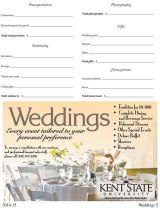 Weddings 52014-15
Transportation
Limousines ____________________________________________
Buses/transport for guests ________________________________
Total transportation: $__________________________________
Stationary
Invitations _____________________________________________
Postage _______________________________________________
Thank-you cards ________________________________________
Calligraphy ____________________________________________
Total stationery: $______________________________________
Photography
Total photography: $___________________________________
Gifts
Wedding party _________________________________________
Parents _______________________________________________
Other _________________________________________________
Total gifts: $__________________________________________
Honeymoon
Accommodations ______________________________________
Food _________________________________________________
Total honeymoon: $____________________________________
 