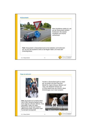 Kreisverkehr
Fakt: Kreisverkehr in Deutschland wird immer beliebter und funktioniert
gut, da sich die Autofahrer strikt an die Regeln halten und meist sehr
umsichtig fahren.
Beim Autofahren erlebe ich, wie
gut der Kreisverkehr wirklich
funktioniert. Die meisten
Autofahrer sind höchst
aufmerksam.
© 水生Klaus Schmitt 13
Dogs are welcome!
Fakt: Deutschland ist hundefreundlich.
Fast 10 Mio. Deutsche besitzen einen
Hund. Egal ob in Bussen, Bahnen, Taxis,
Geschäften, Cafés und vielen
Restaurants, Hunde sind meistens
willkommene Gäste. Oft werden sogar
Hundenäpfe bereitgestellt.
Hunden in Deutschland geht es relativ
gut; sie dürfen mit ihrem Herrchen
überall hin. Egal ob Busse, Bahnen und
Taxis, die Vierbeiner können mit.
In China bleibt ihnen der Zutritt in diese
Einrichtungen noch meist verwehrt.
© 水生Klaus Schmitt 14
 