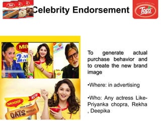 Celebrity Endorsement
To generate actual
purchase behavior and
to create the new brand
image
•Where: in advertising
•Who: Any actress Like-
Priyanka chopra, Rekha
, Deepika
 